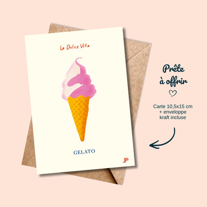 Carte postale Dolce Vita, Gelato  avec enveloppe kraft prête à offrir illustration Julieroubergue
