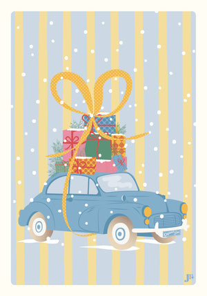 Illustration de la carte postale En route pour Noël, voiture rétro chargée de paquets cadeaux et ruban jaune à pois.
