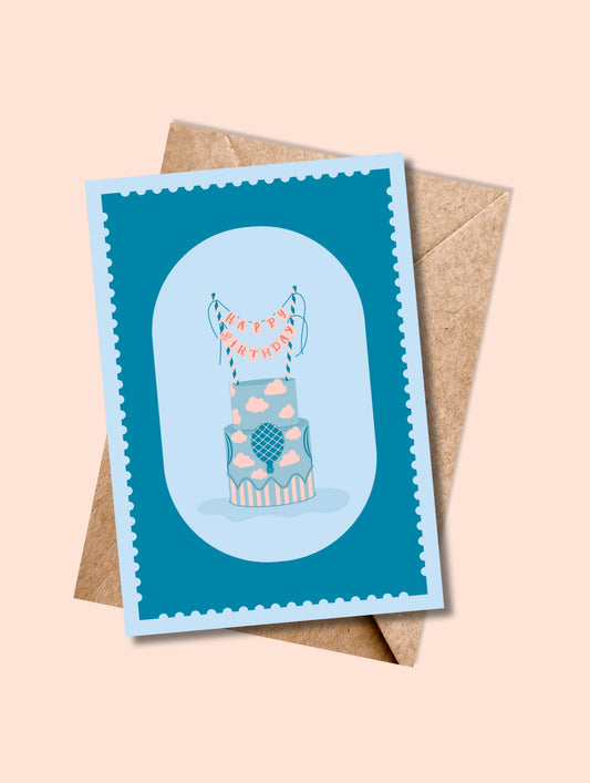 Carte de vœux HAPPY BIRTHDAY, Le Gâteau avec enveloppe kraft – illustration sucrée et festive.