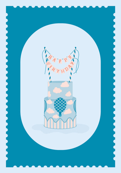 Carte de vœux HAPPY BIRTHDAY, Le Gâteau – illustration d’un gâteau pastel turquoise et rose, décoré de nuages, d’un ananas stylisé et d’un fanion.