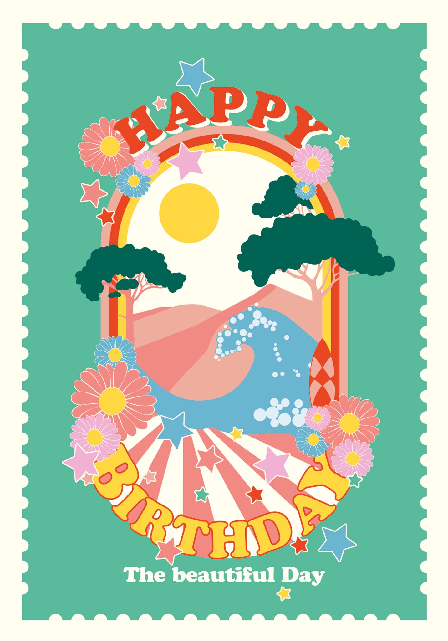 Carte de vœux HAPPY BIRTHDAY, Flower Power – version multicolor avec fleurs vives, arc-en-ciel, vague et soleil sur fond vert.