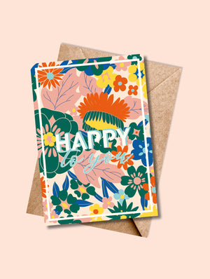 Carte "Happy to You – Florale" vive avec enveloppe, ambiance festive et colorée.