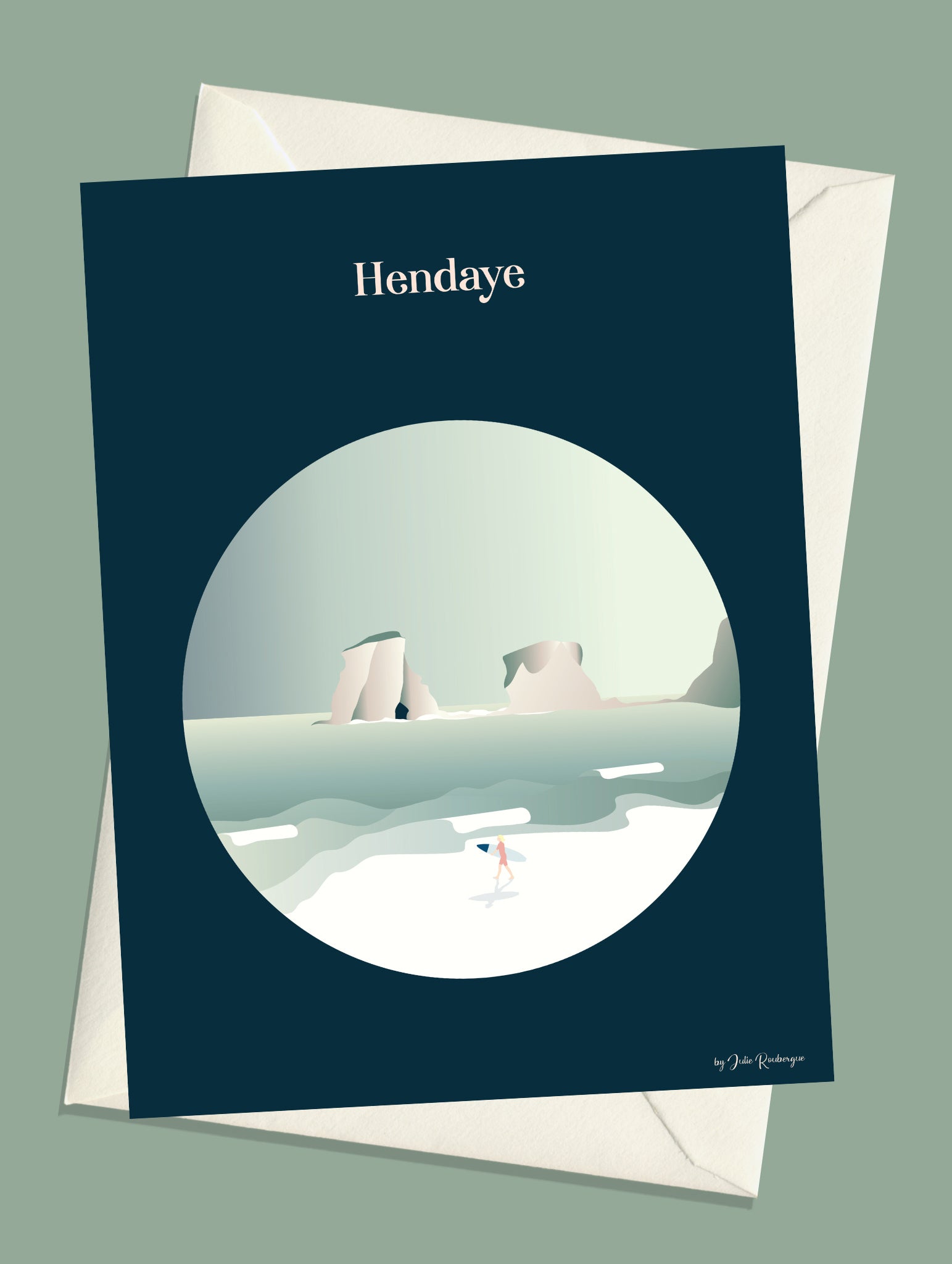 Carte postale illustrée intitulée “Hendaye, Les Jumeaux” par Julie Roubergue, représentant les fameux rochers de cette plage du Pays Basque avec un fond bleu profond.