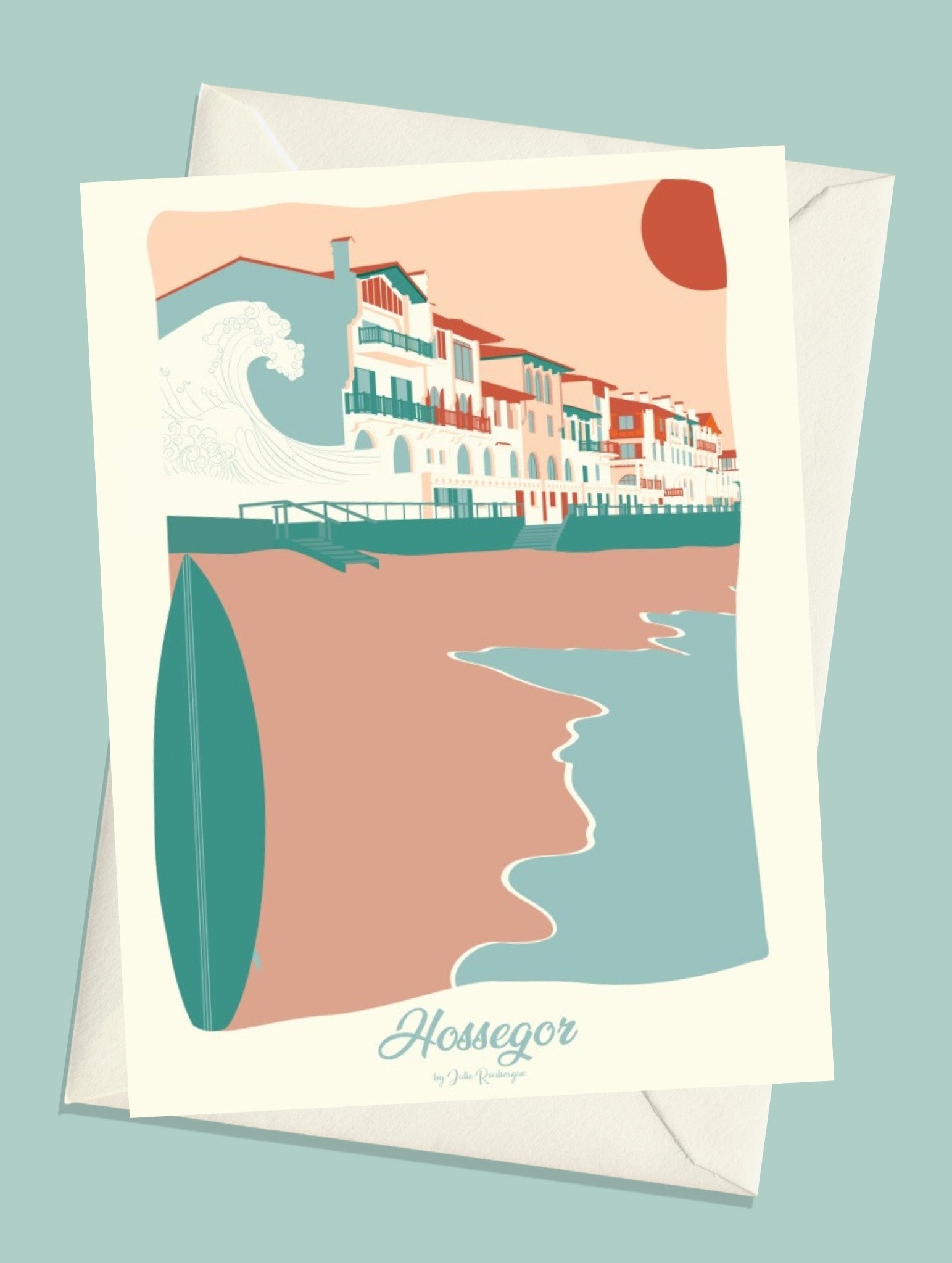 Carte postale illustrée intitulée "Hossegor, La Centrale" par Julie Roubergue, représentant le bord de mer de cette fameuse plage de la Côte Landaise dans les tons pastel.