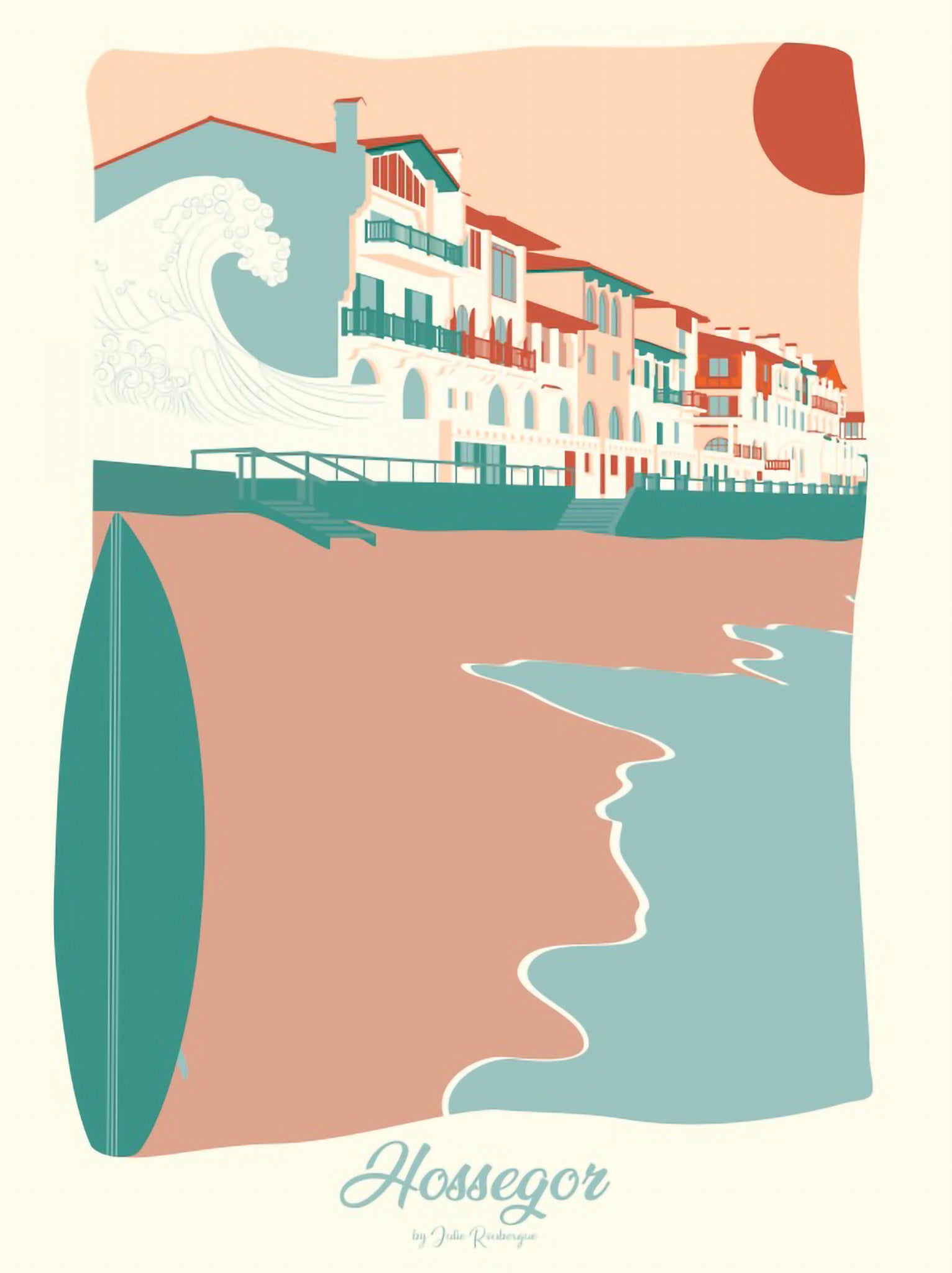 Carte postale illustrée intitulée "Hossegor, La Centrale" par Julie Roubergue, représentant le bord de mer de cette fameuse plage de la Côte Landaise dans les tons pastel.