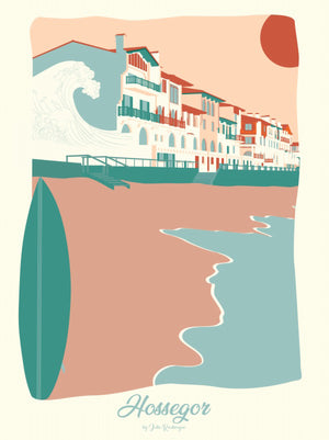 Carte postale illustrée intitulée "Hossegor, La Centrale" par Julie Roubergue, représentant le bord de mer de cette fameuse plage de la Côte Landaise dans les tons pastel.