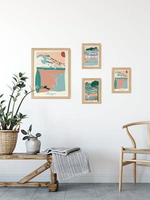 Cartes postales illustrées par Julie Roubergue, sur le thème d'Hossegor, sur la Côte Landaise dans les tons pastel.