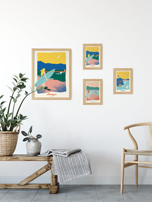 Cartes postales illustrées par Julie Roubergue, représentant le surf à Hossegor