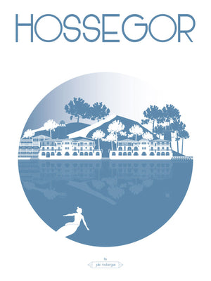 Carte postale illustrée intitulée “Hossegor, La Ville” par Julie Roubergue, représentant les lieux emblématiques de cette station blalnéaire de la côte landaise en bleuet.