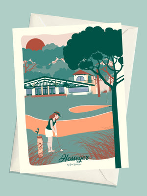 Carte postale illustrée intitulée "Hossegor, Le Golf" par Julie Roubergue, représentant une golfeuse devant le club-house dans les tons pastel.