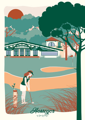 Carte postale illustrée intitulée "Hossegor, Le Golf" par Julie Roubergue, représentant une golfeuse devant le club-house dans les tons pastel.