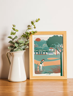 Carte postale illustrée intitulée "Hossegor, Le Golf" par Julie Roubergue, représentant une golfeuse devant le club-house dans les tons pastel.