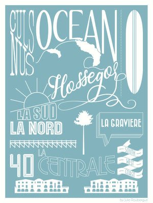 Carte postale illustrée intitulée “Hossegor, Les Plages” par Julie Roubergue, représentant graphiquement les plages de cette station balnéaire de la côte landaise en bleu.