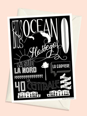 Carte postale illustrée intitulée “Hossegor, Les Plages” par Julie Roubergue, représentant graphiquement les plages de cette station balnéaire de la côte landaise en noir.