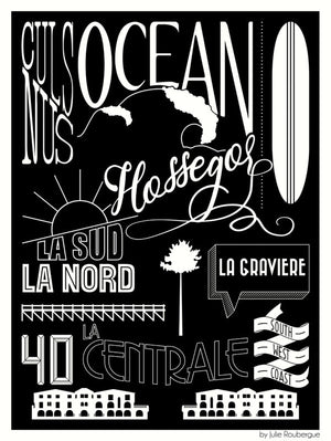 Carte postale illustrée intitulée “Hossegor, Les Plages” par Julie Roubergue, représentant graphiquement les plages de cette station balnéaire de la côte landaise en noir.