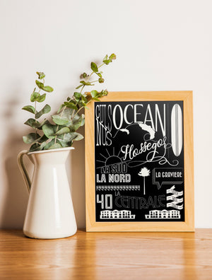 Carte postale illustrée intitulée “Hossegor, Les Plages” par Julie Roubergue, représentant graphiquement les plages de cette station balnéaire de la côte landaise en noir.