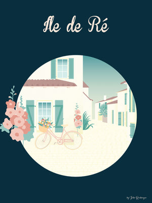 Carte postale illustrée "Île de Ré", mettant en scène une ruelle fleurie avec un vélo, dans des tons pastel.