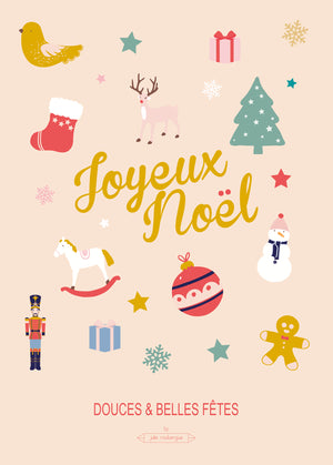 Carte postale Joyeux Noël 15x21 cm – icônes de Noël sur fond pastel, illustration originale.