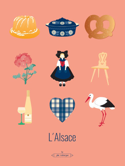 Carte postale L'Alsace – Les Iconiques, affichant une composition d’icônes alsaciens sur fond rose foncé.
