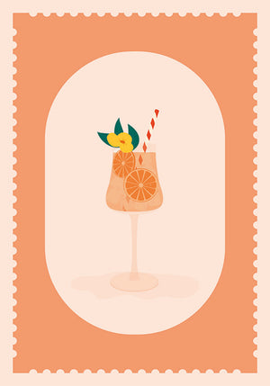 Carte postale L’Été, Le Cocktail – illustration graphique d’un cocktail orange dans une coupe, avec paille rayée, fleur jaune et feuilles, fond corail.
