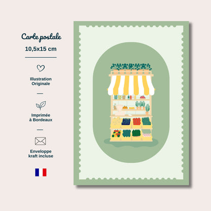 Carte postale Le Petit Marché au format 10,5x15cm. imprimée à Bordeaux, France