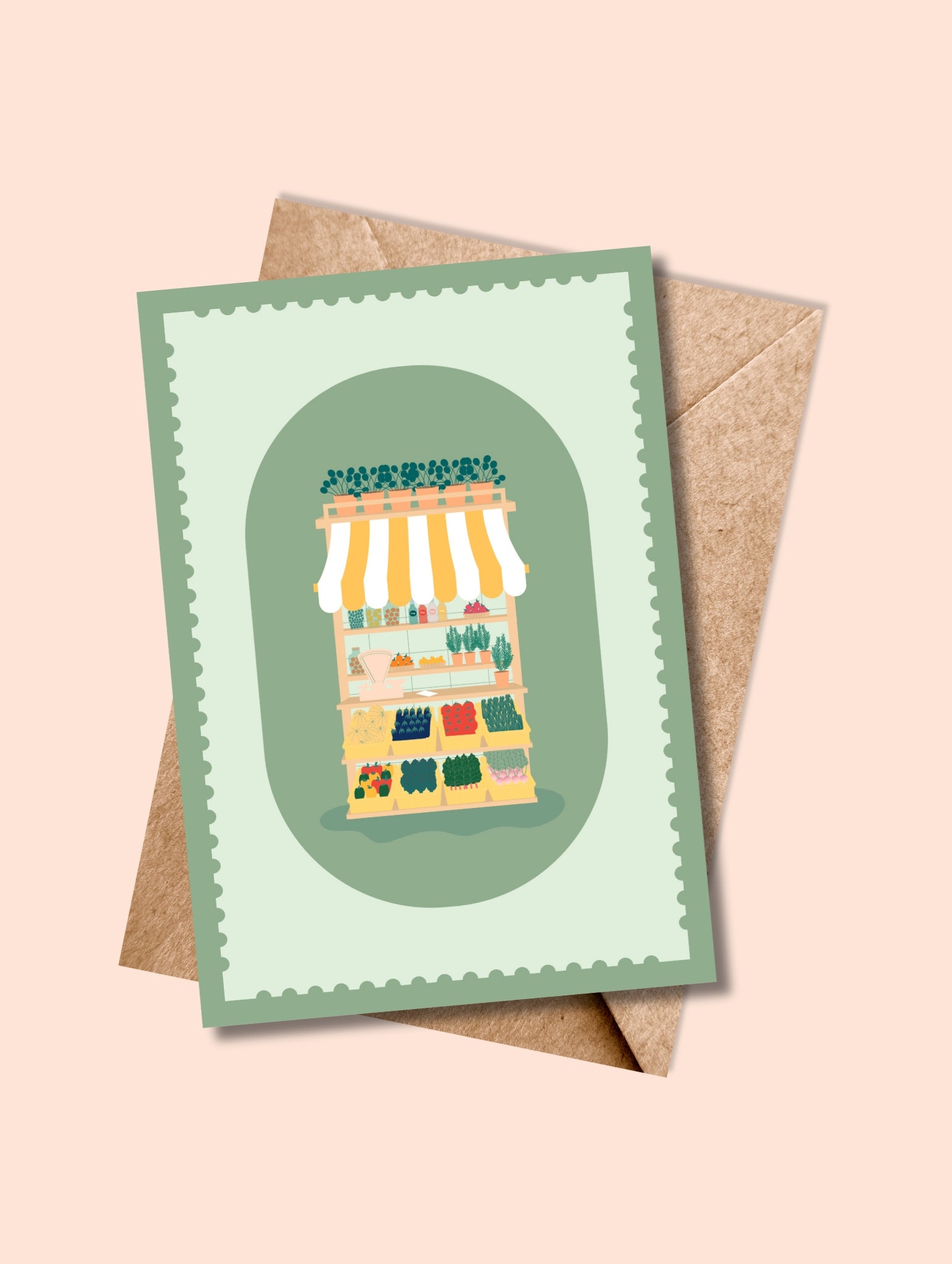 Carte postale L’Été, Le Petit Marché avec enveloppe kraft – ambiance champêtre et estivale.