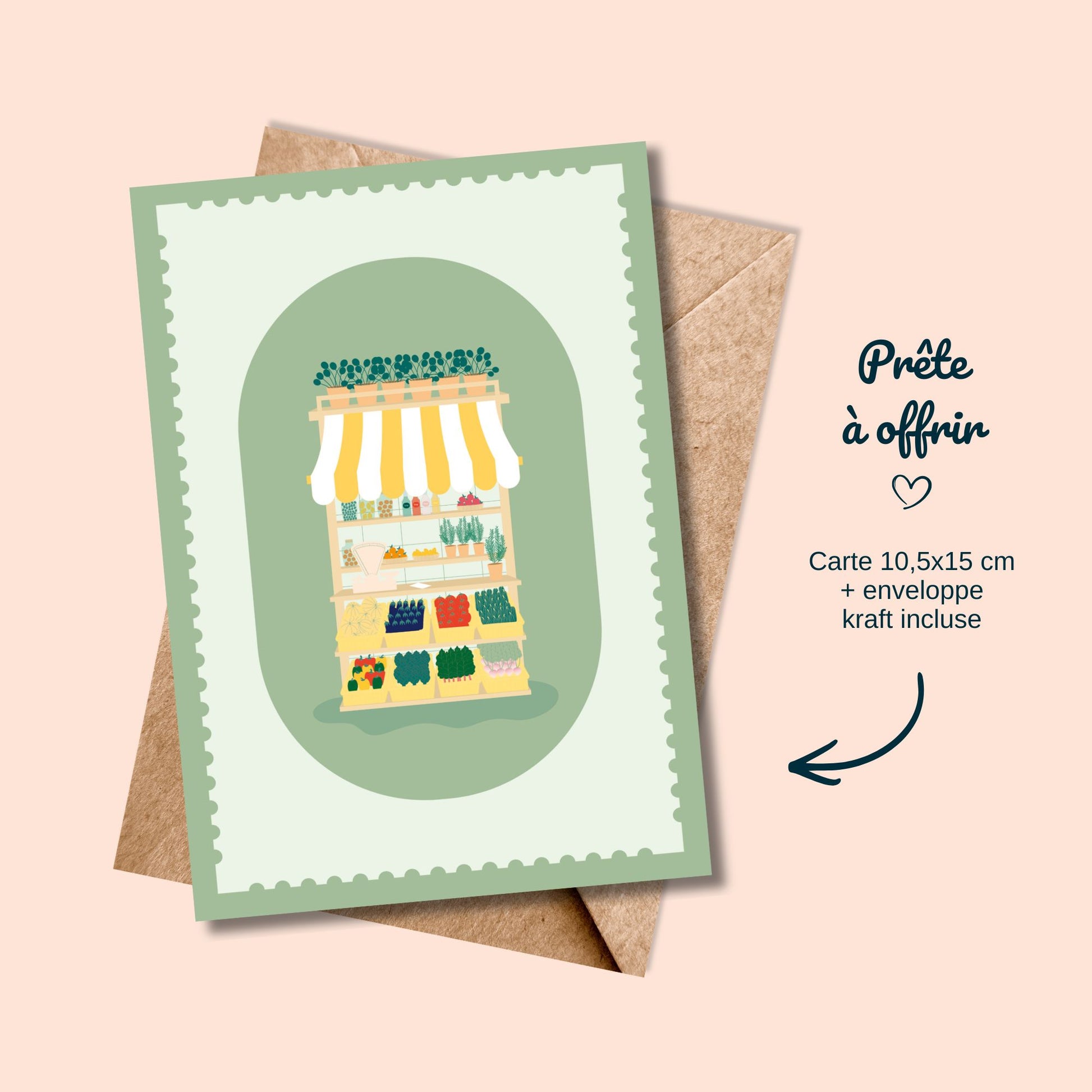 Carte postale marché d’été avec enveloppe kraft style graphique végétal