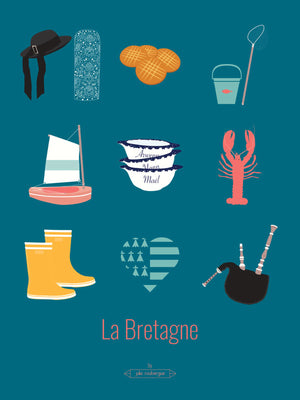 Carte postale La Bretagne – Les Iconiques, affichant une composition d’icônes bretonnes sur fond bleu turquoise.