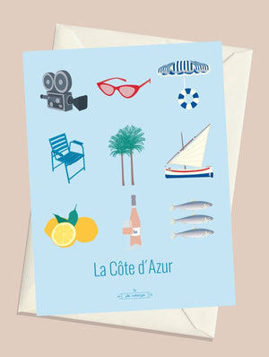 Carte postale La Côte d'Azur – Les Iconiques avec son enveloppe assortie, objets emblématiques de la Riviera.