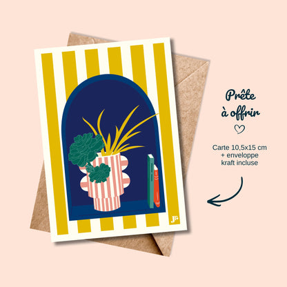 Carte postale déco végétale avec enveloppe kraft et illustration graphique
