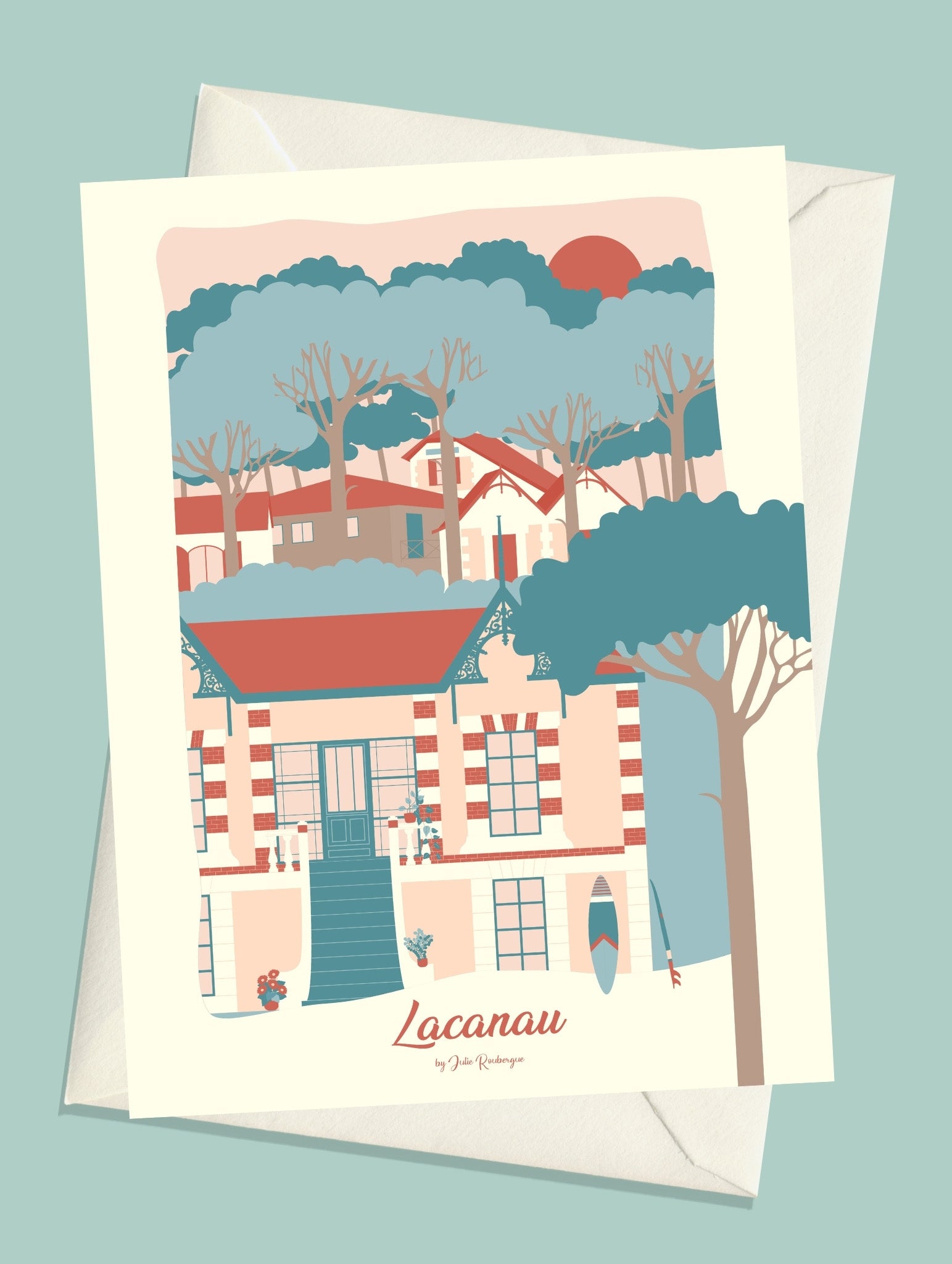 Carte postale Lacanau La Maison – illustration avec enveloppe assortie, ambiance océan et architecture.