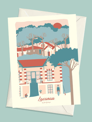 Carte postale Lacanau La Maison – illustration avec enveloppe assortie, ambiance océan et architecture.