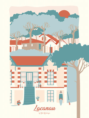 Carte postale Lacanau La Maison – illustration pastel d’une villa entre les pins avec planche de surf.