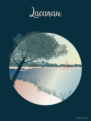 Carte postale Lacanau – Le Lac, illustration poétique du lac bordé de pins dans une atmosphère calme et naturelle.