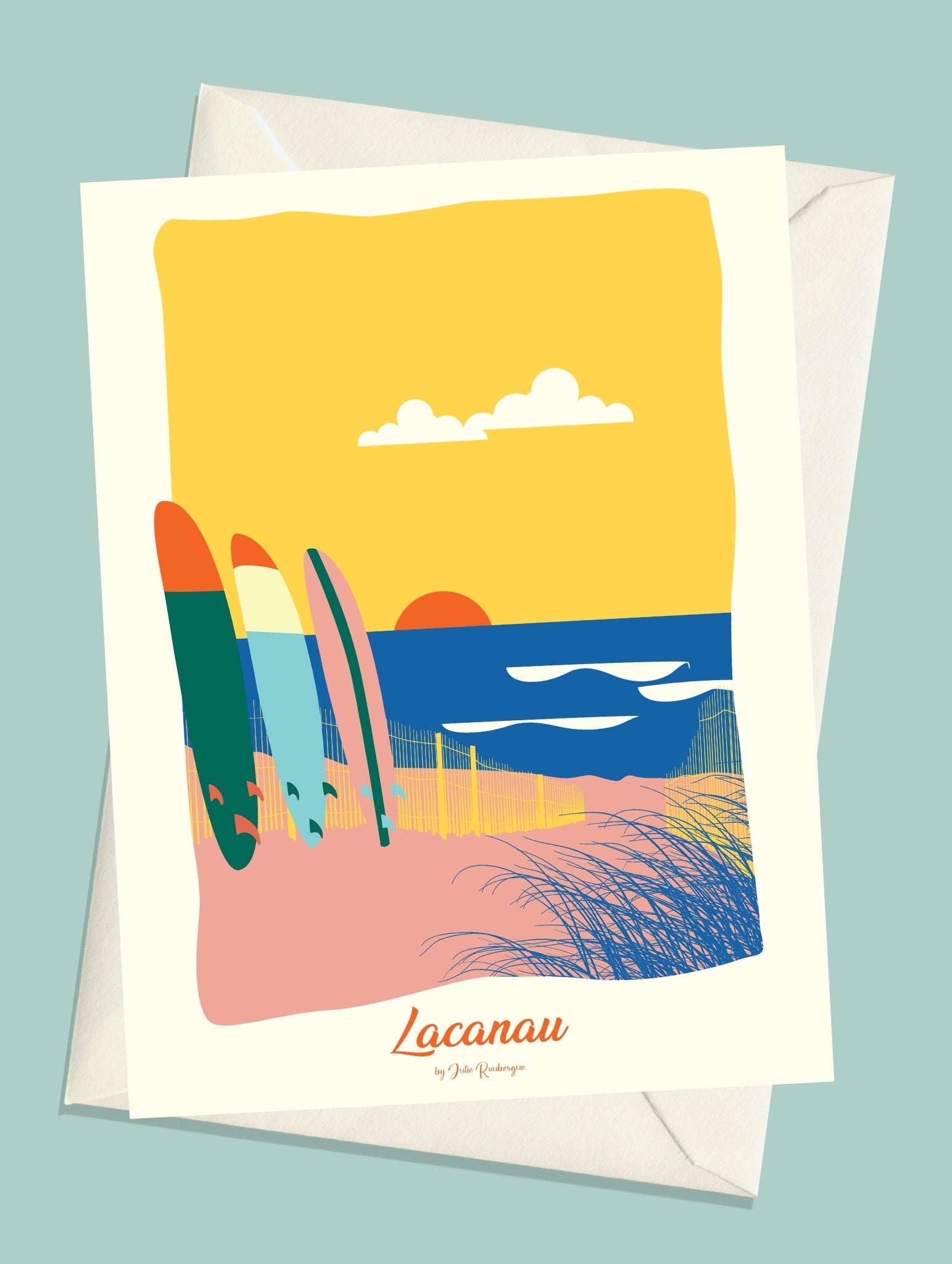 Carte postale Lacanau – Sunset en version vive : plage colorée, couchers de soleil éclatants et surfs sur fond jaune et bleu.
