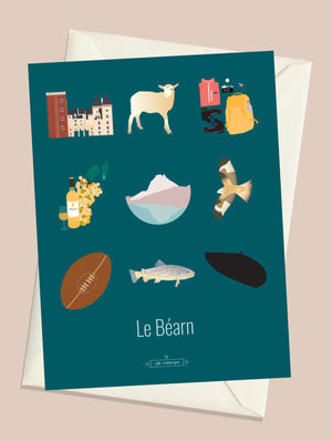 Carte postale Le Béarn – Les Iconiques (bleu foncé) avec son enveloppe assortie, objets emblématiques de la région béarnaise.