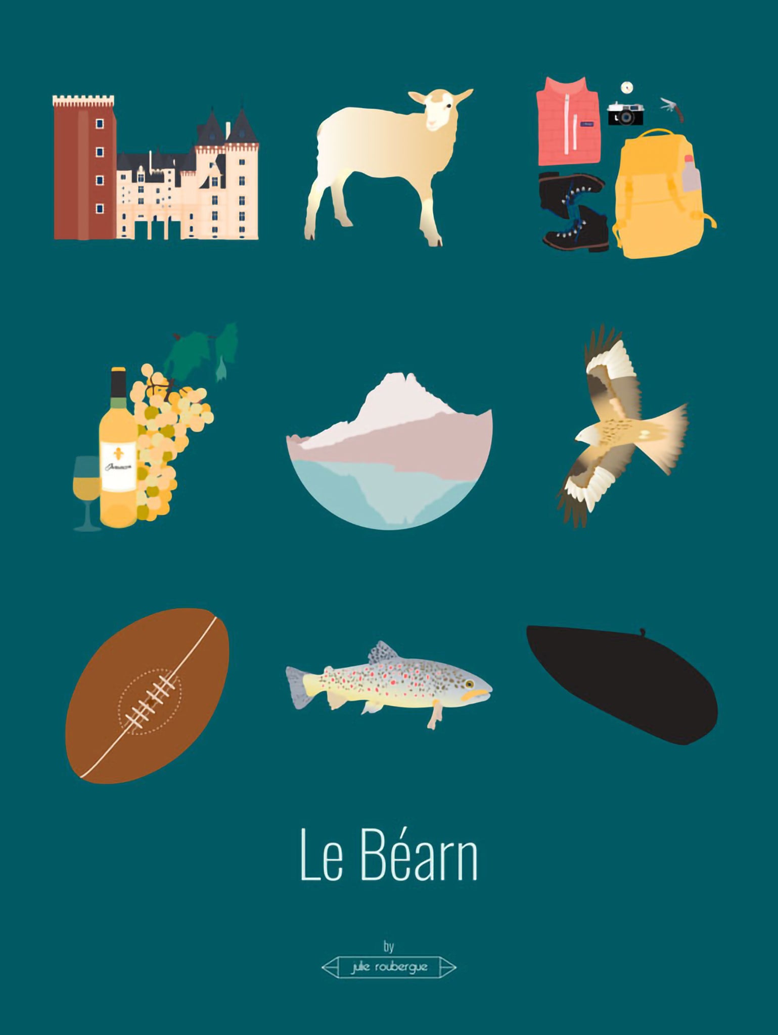 Carte postale Le Béarn – Les Iconiques , affichant une composition d’icônes béarnaise sur fond vert canard.