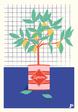 Carte postale Le Citronnier – illustration d’un citronnier dans une boîte rose rétro “Lemons” sur fond graphique bleu et quadrillage.
