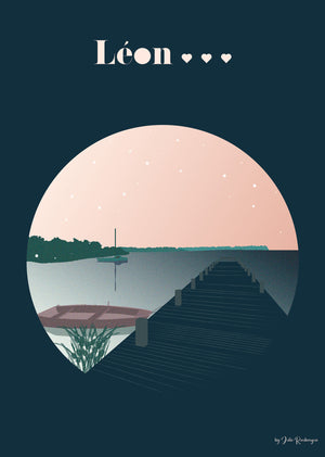 Carte postale Léon - Le Lac, illustration graphique et poétique de ce paysage sauvage et poétique sur fond marine.