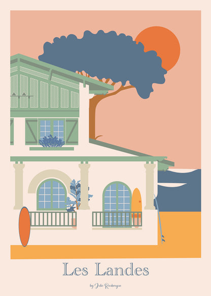 Carte postale Les Landes – Bord de Mer représentant une villa landaise face à l’océan.