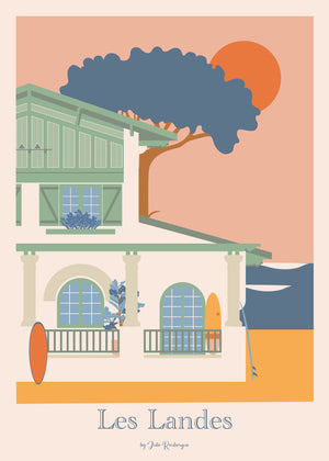 Carte postale Les Landes – Bord de Mer représentant une villa landaise face à l’océan.