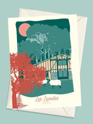 Carte postale Les Landes – La Forêt et son enveloppe crème assortie, illustration d'une bergerie landaise et de pins dans des tons pastel.