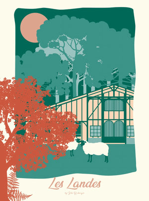 Illustration seule de la carte postale Les Landes – La Forêt, avec une scène paisible de pinède landaise et deux brebis.