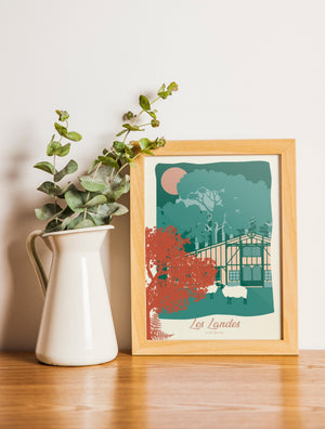 Carte postale Les Landes – La Forêt encadrée dans un intérieur lumineux, intégrée dans une décoration murale d’inspiration nature.