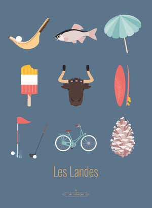 Carte postale Les Landes – Les Iconiques , affichant une composition d’icônes landaises sur fond bleu foncé.