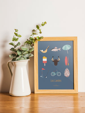 Carte postale Les Landes – Les Iconiques encadrée dans un intérieur moderne, décoration murale aux couleurs estivales.