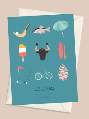 Carte postale Les Landes – Les Iconiques (bleu vert) avec son enveloppe assortie, objets emblématiques de la région landaise.