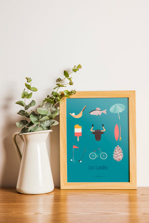 Carte postale Les Landes – Les Iconiques encadrée dans un intérieur moderne, décoration murale aux couleurs estivales.