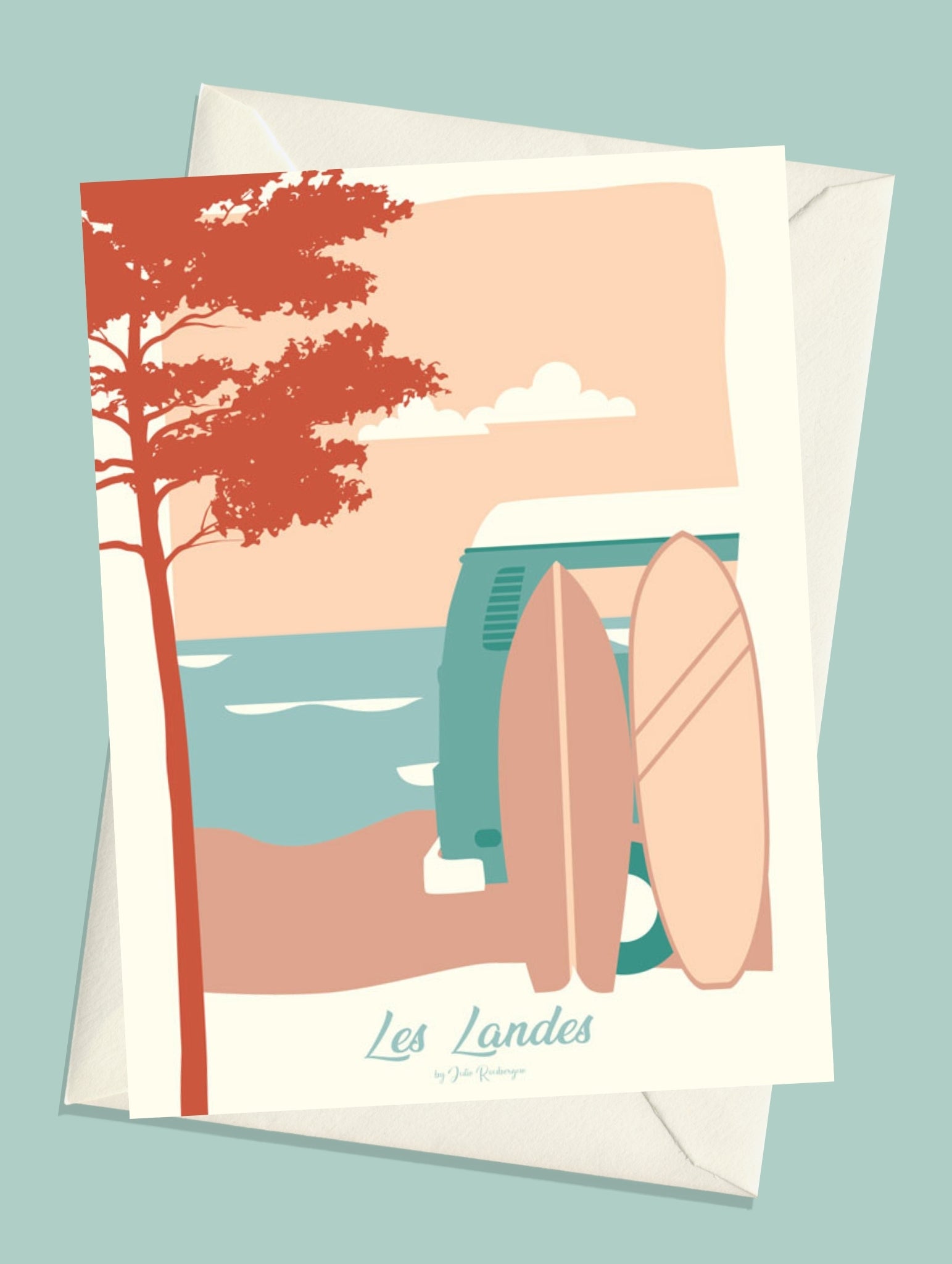 Carte postale illustrée intitulée "Les Landes, Les Surfs" par Julie Roubergue, représentant des surfs avec une vue sur l'Océan dans les tons pastel.