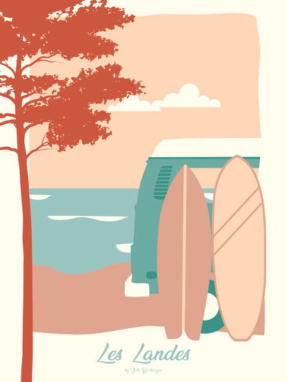Carte postale illustrée intitulée "Les Landes, Les Surfs" par Julie Roubergue, représentant des surfs avec une vue sur l'Océan dans les tons pastel.